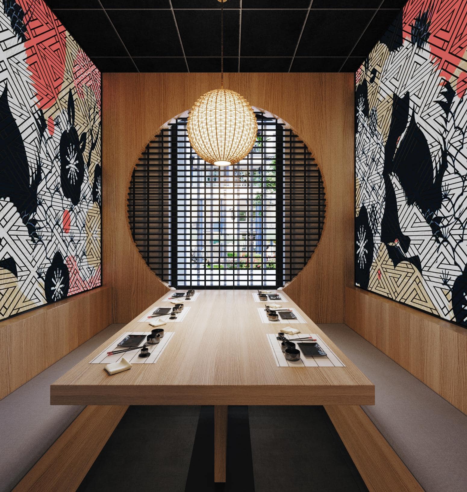 A dining room with a large wooden table and a large wall mural