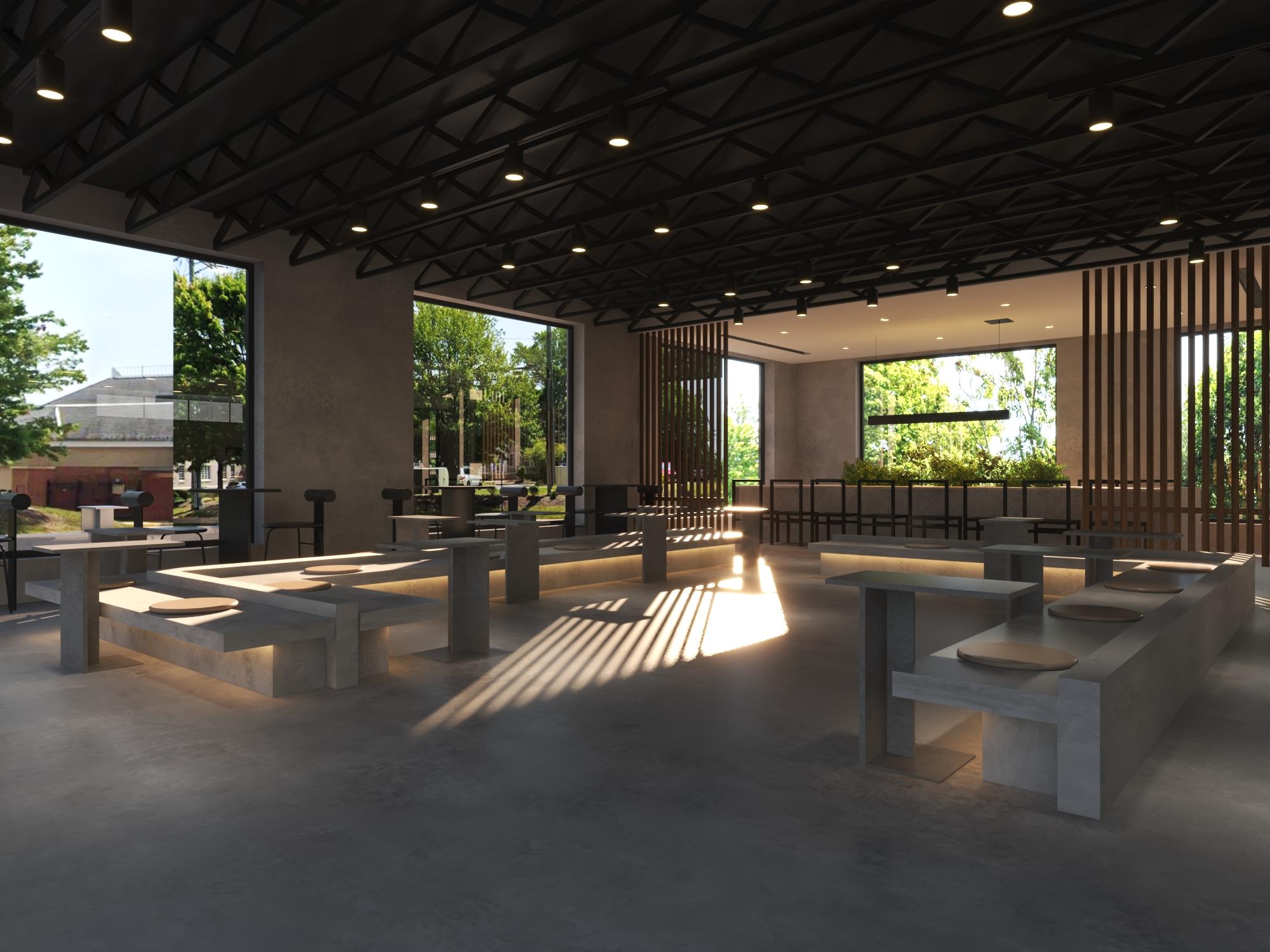 A modern coffee shop with benches and tables