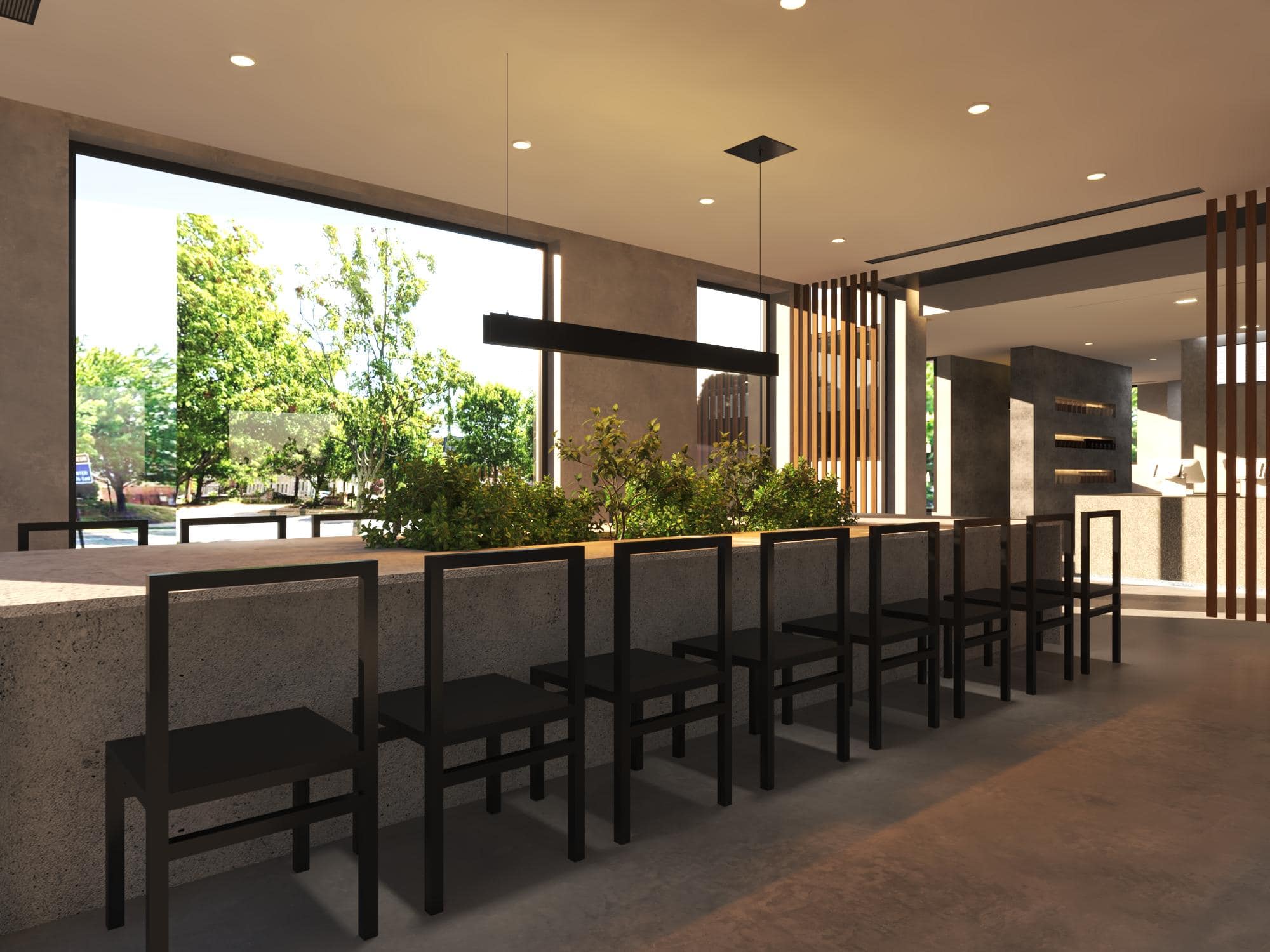 A rendering of a modern coffee shop with a long counter