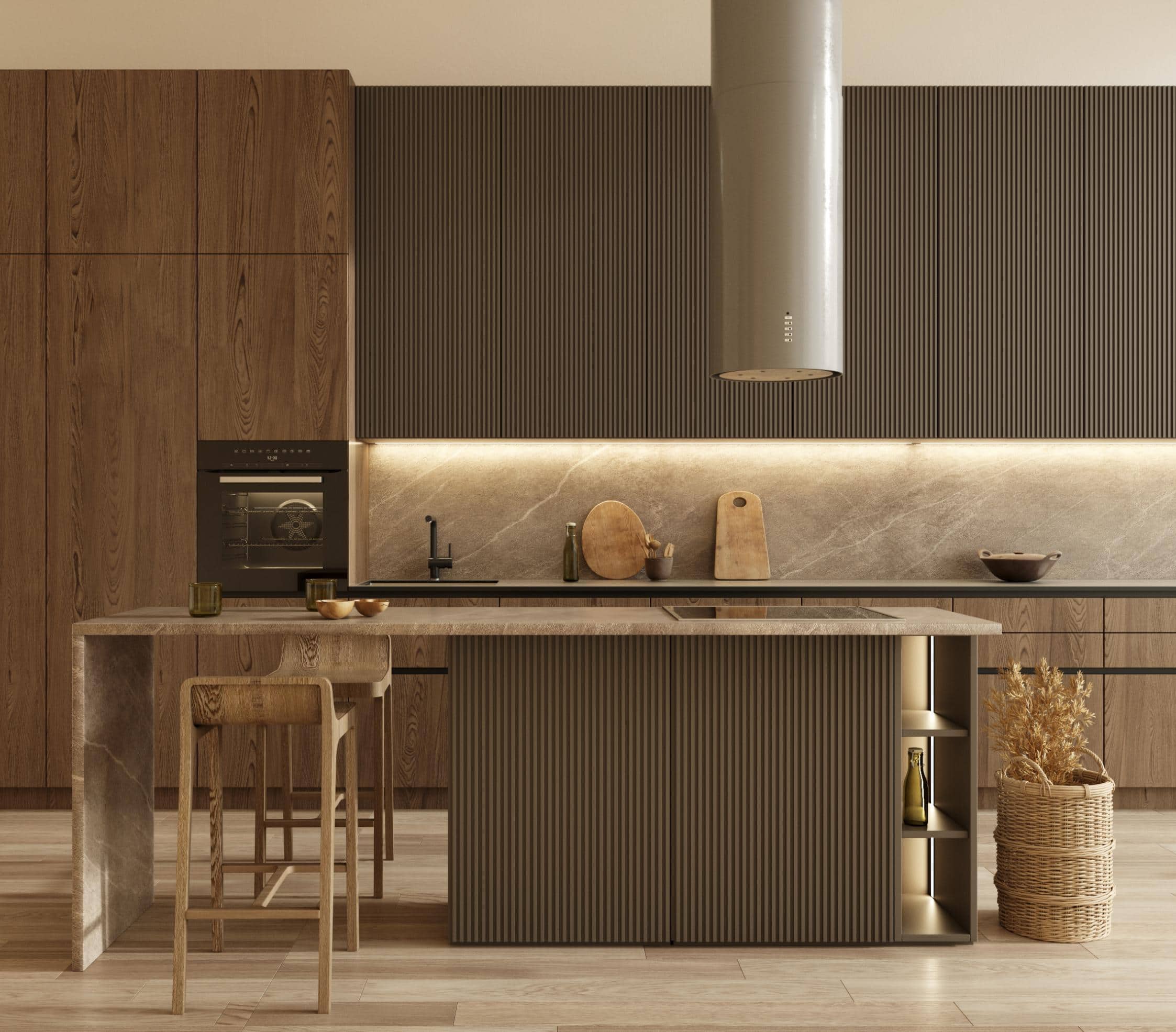 Modern kitchen with wooden cabinets and a large island