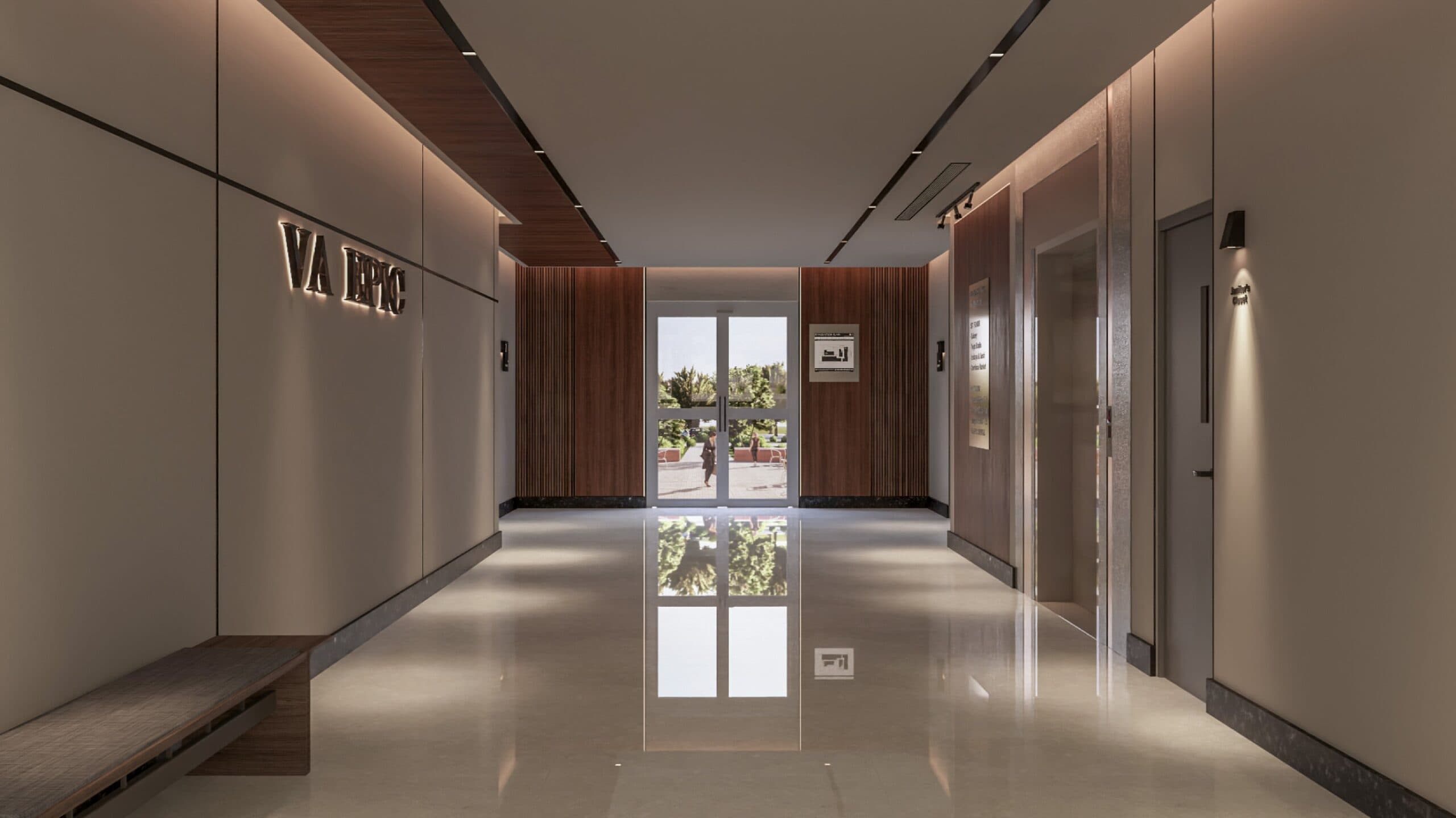 A hallway with wooden paneling and white tile flooring