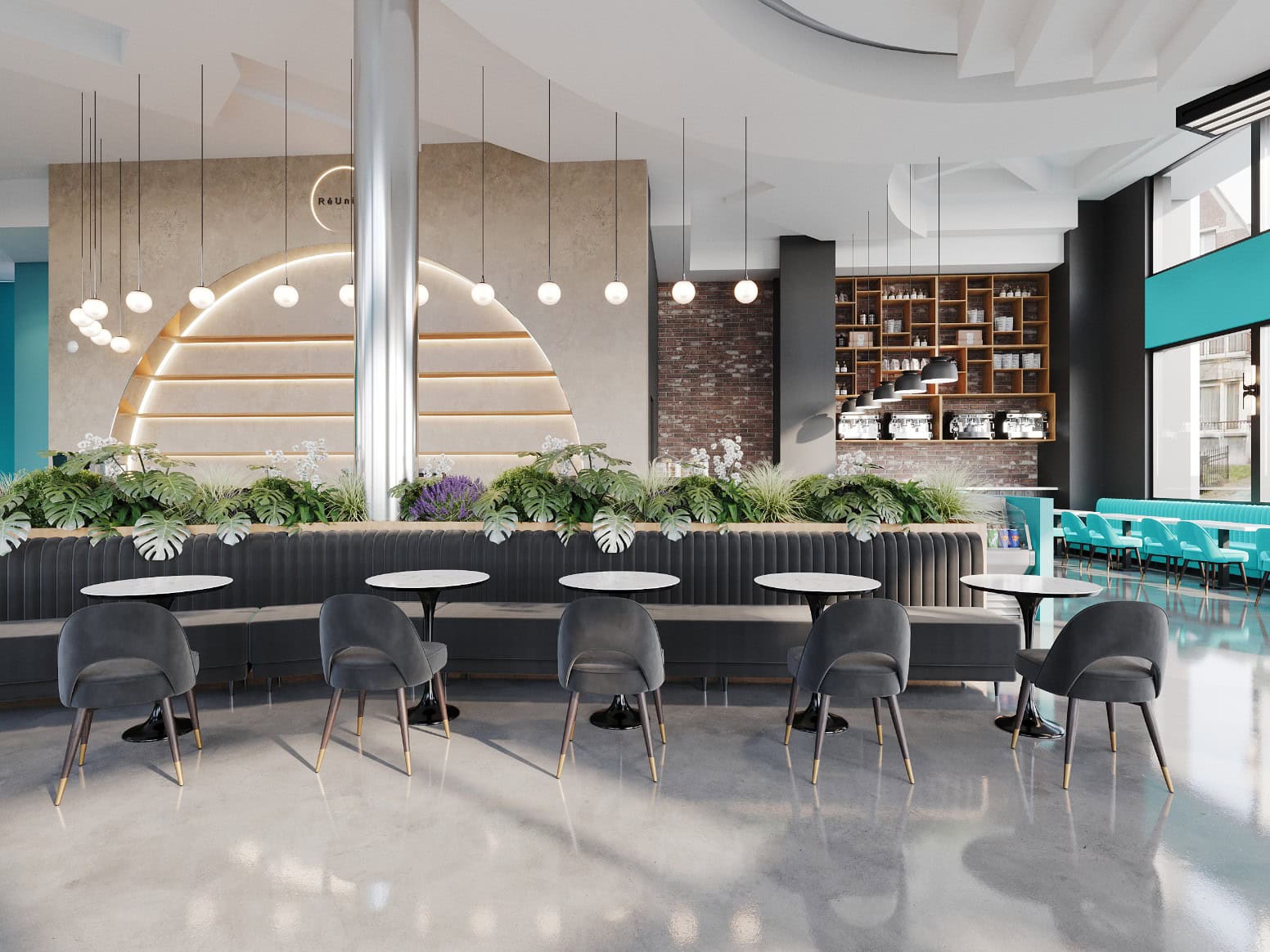 A rendering of the interior of a modern coffee shop