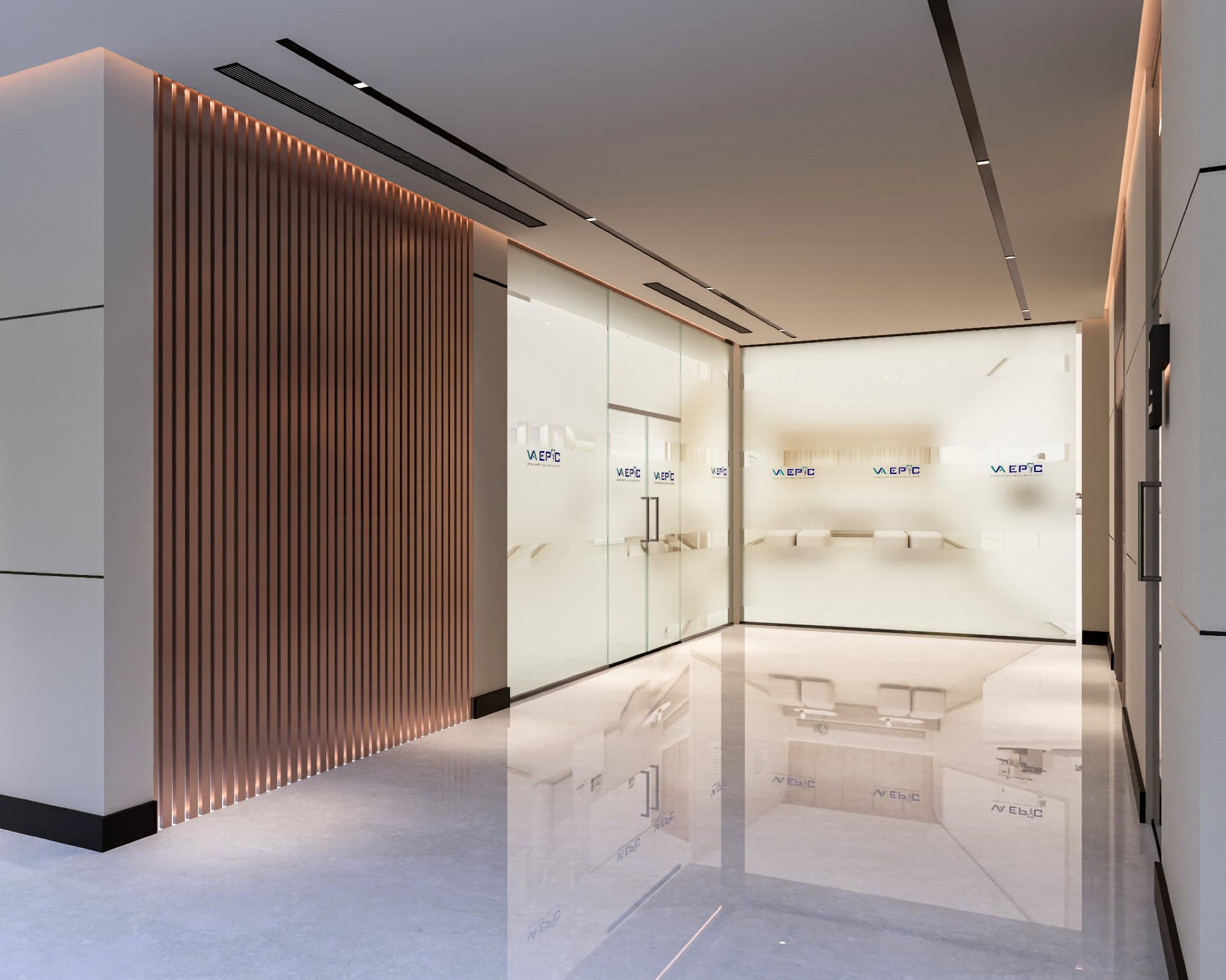 A hallway with a large mirror and a wall with a mirror