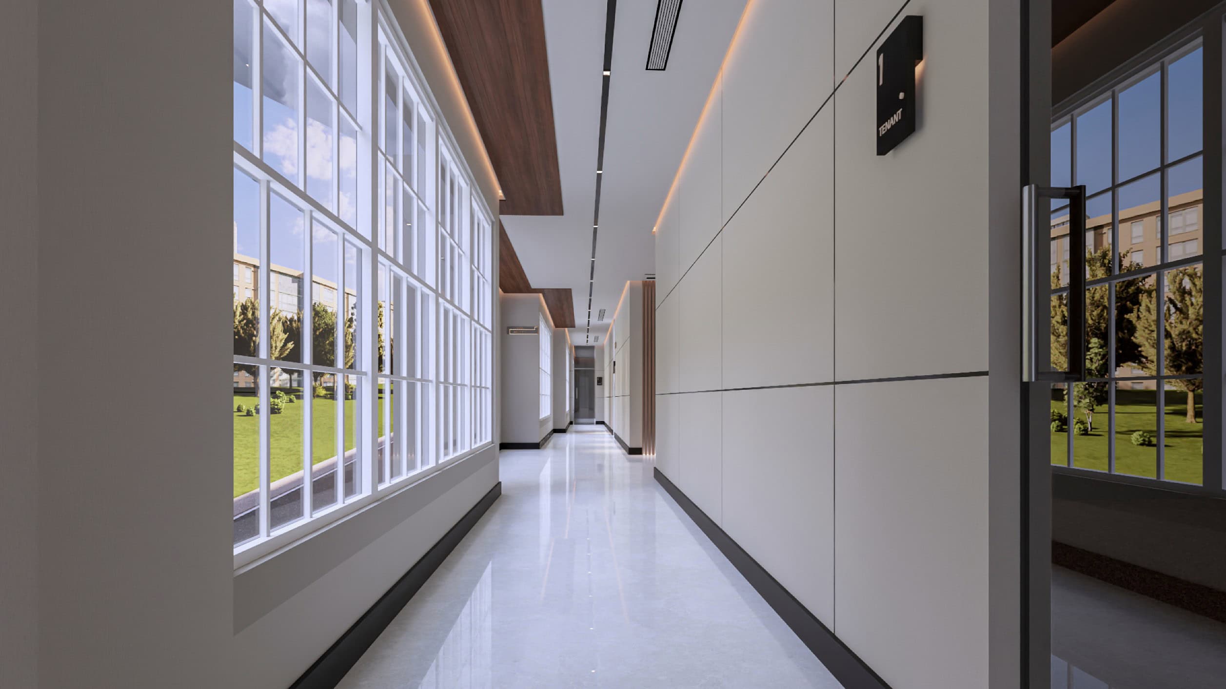 Saint Paul long hallway with white walls and windows