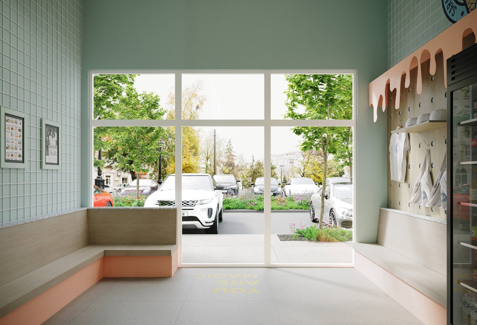 A view of a Sarah’s Handmade Ice Cream with a window and a bench