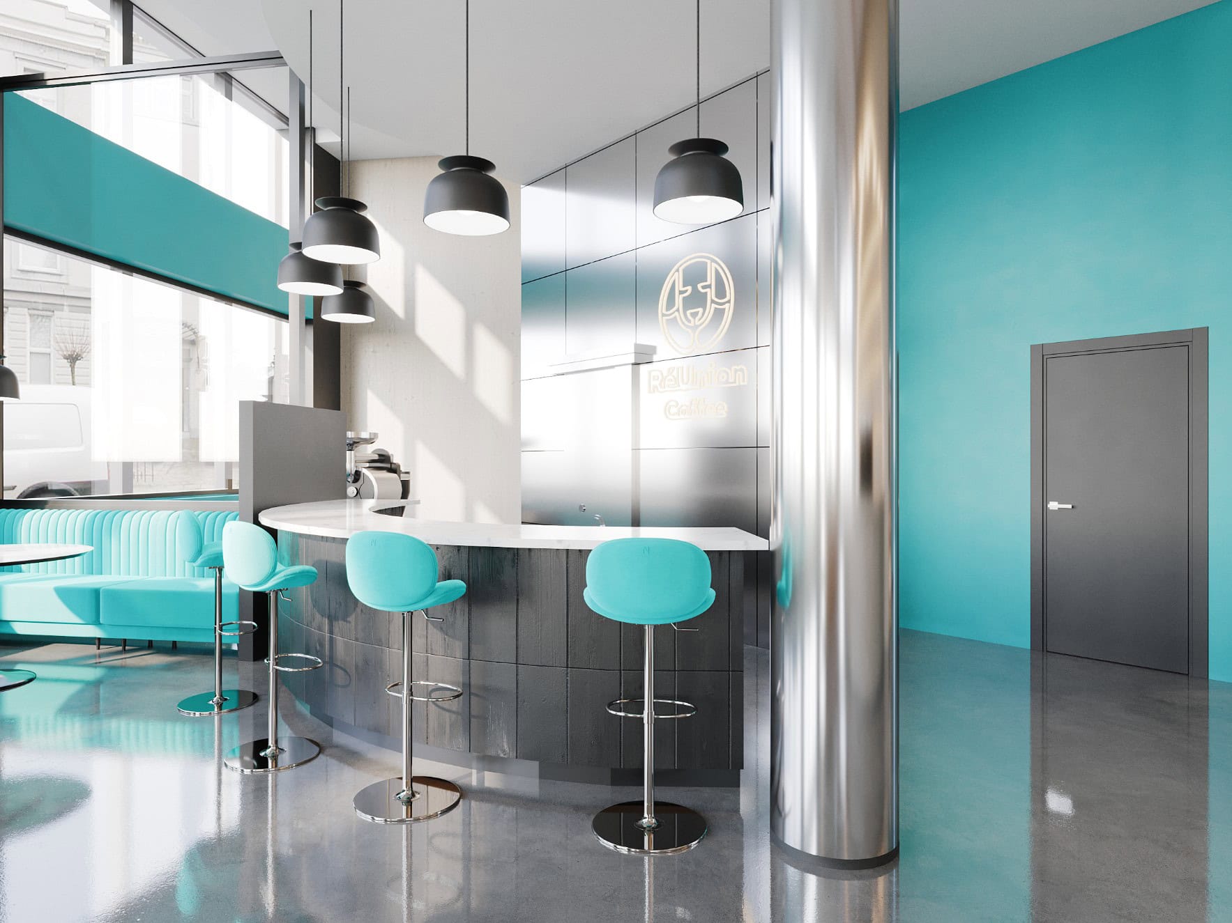 A modern office with turquoise chairs and a bar