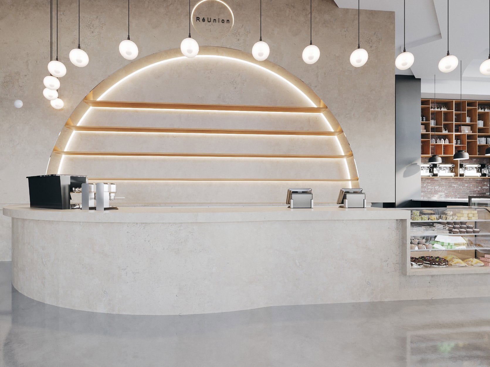 A modern coffee shop with a counter and a bar