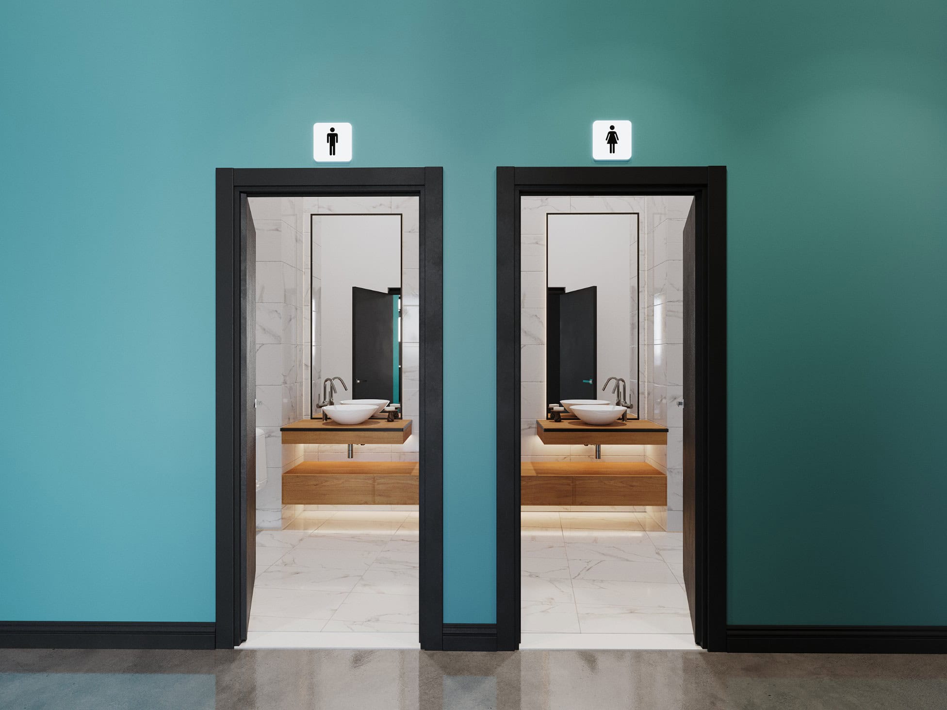 A bathroom with two sinks and a mirror