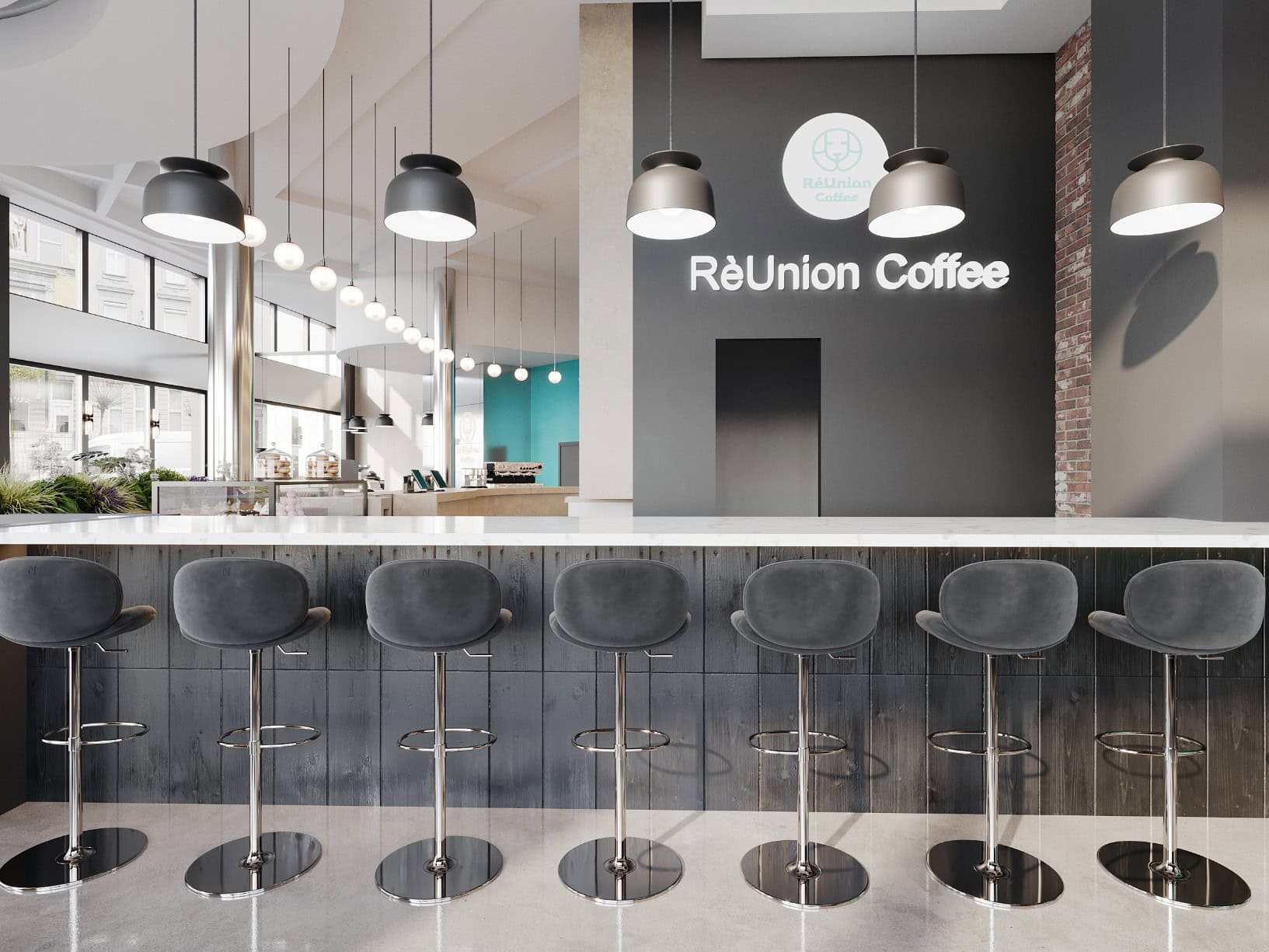 A modern coffee shop with a bar and chairs