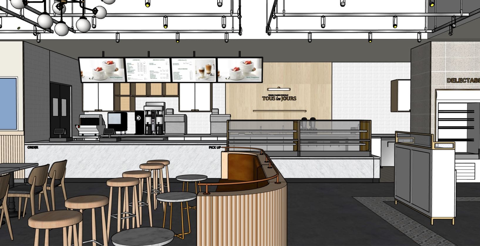 A rendering of Tous Les Jours Bakery with a counter and chairs
