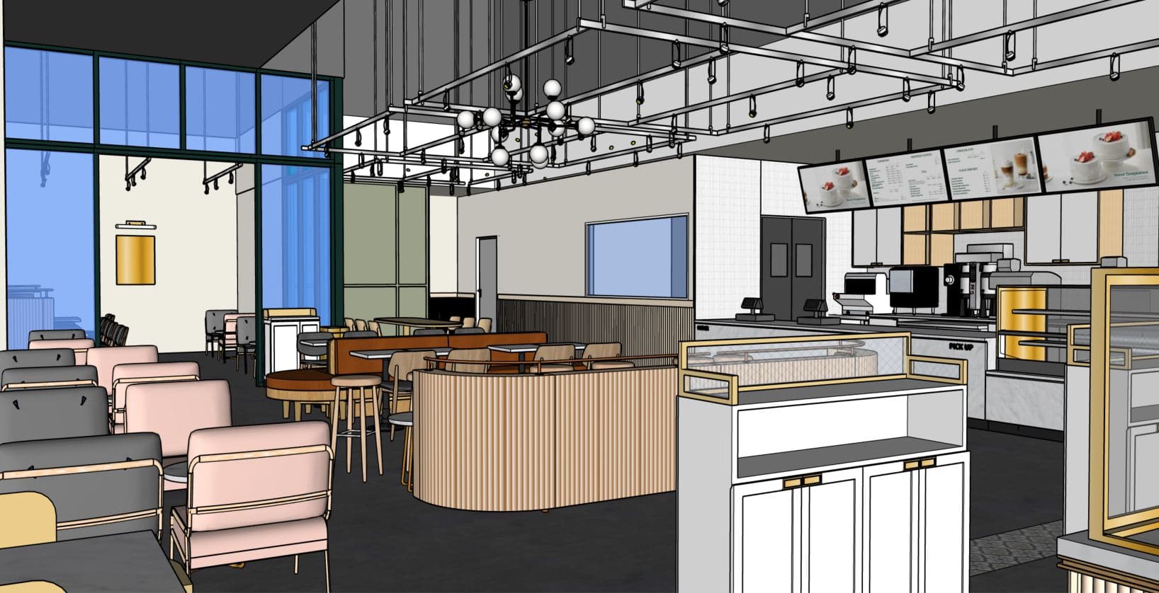A rendering of a Tous Les Jours Bakery with a large window