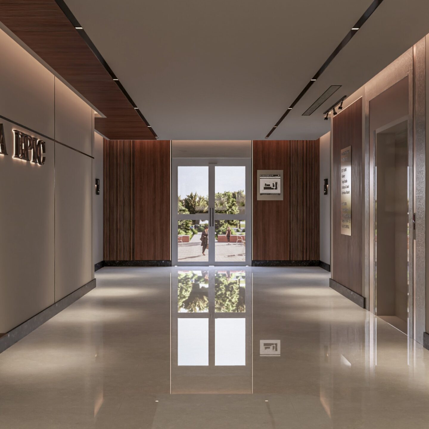 A hallway with wooden paneling and white tile flooring