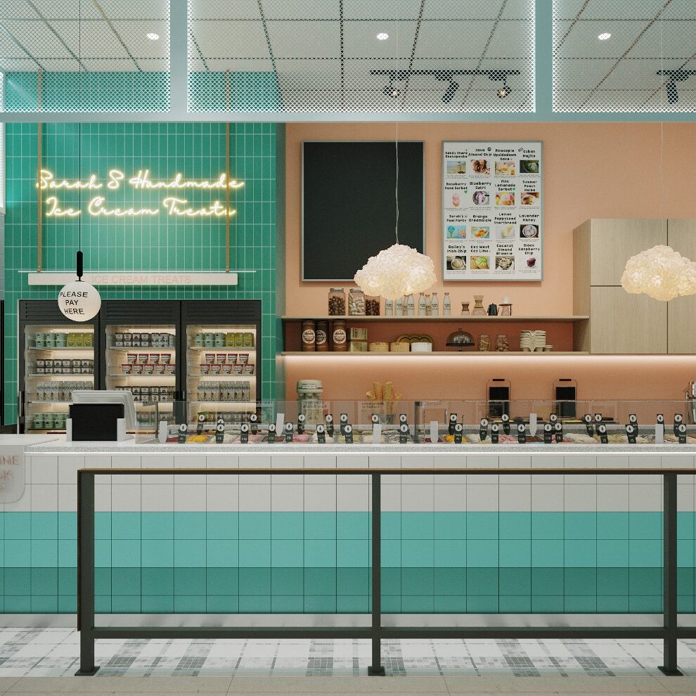 Sarah’s Handmade Ice Cream - A modern looking ice cream parlor with a counter and a bar