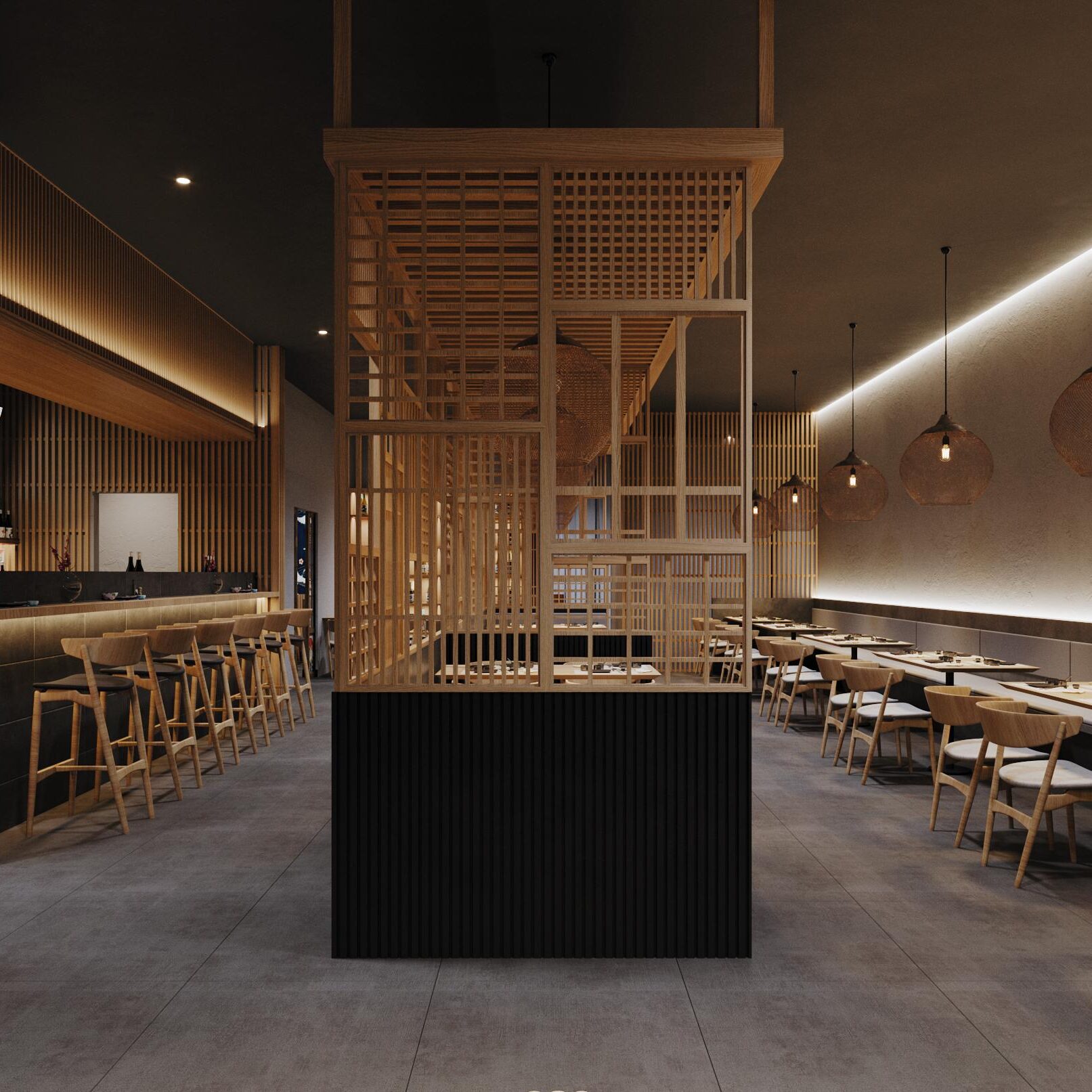 A restaurant with blending traditional Japanese wood design with a modern sensibility