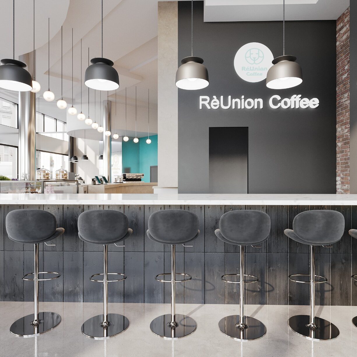 A modern coffee shop with a bar and chairs