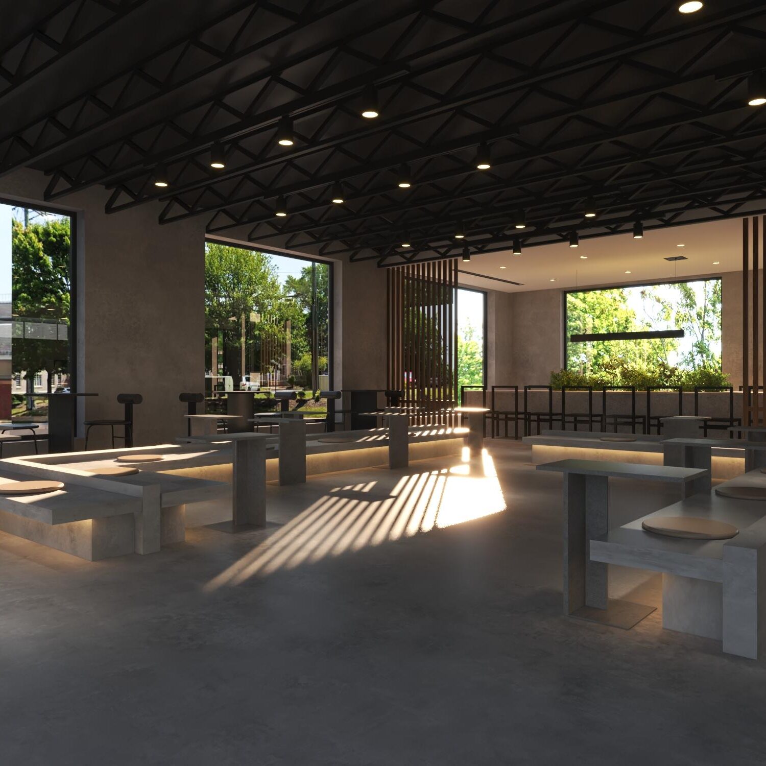 A modern coffee shop with benches and tables